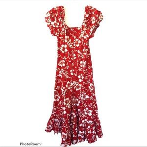 Hilo Hattie Hawaiian Maxi Dress Red Hibiscus MuuMuu Style Mermaid Hemline Sz M